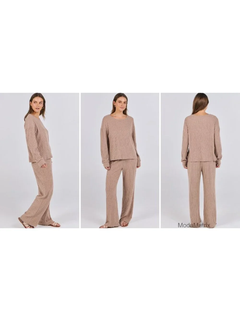 2 Piece Lounge Pajama Set, Ribbed Knit, Fleece-Lined, Loose Fit